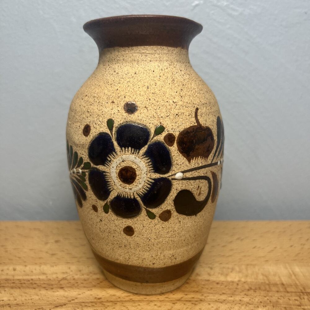 Tonala Mexico Folk Art Pottery Bud Vase Beige Blue Floral Sandstone Hand Painted
